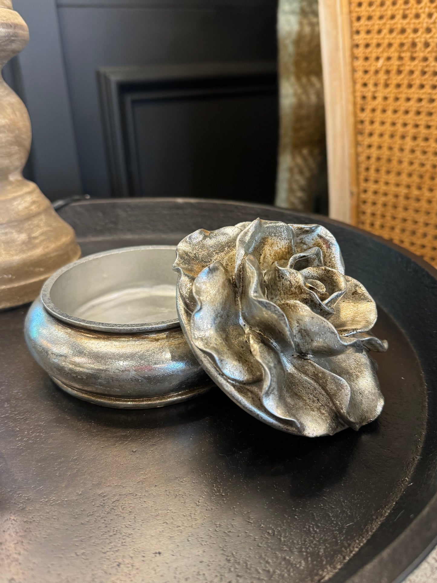 Enhance your home decor with the stunning Camelia Pewter Finish Trinket Box! This exquisite piece makes a perfect gift for storing jewellery or adding a touch of elegance to your bedside table.