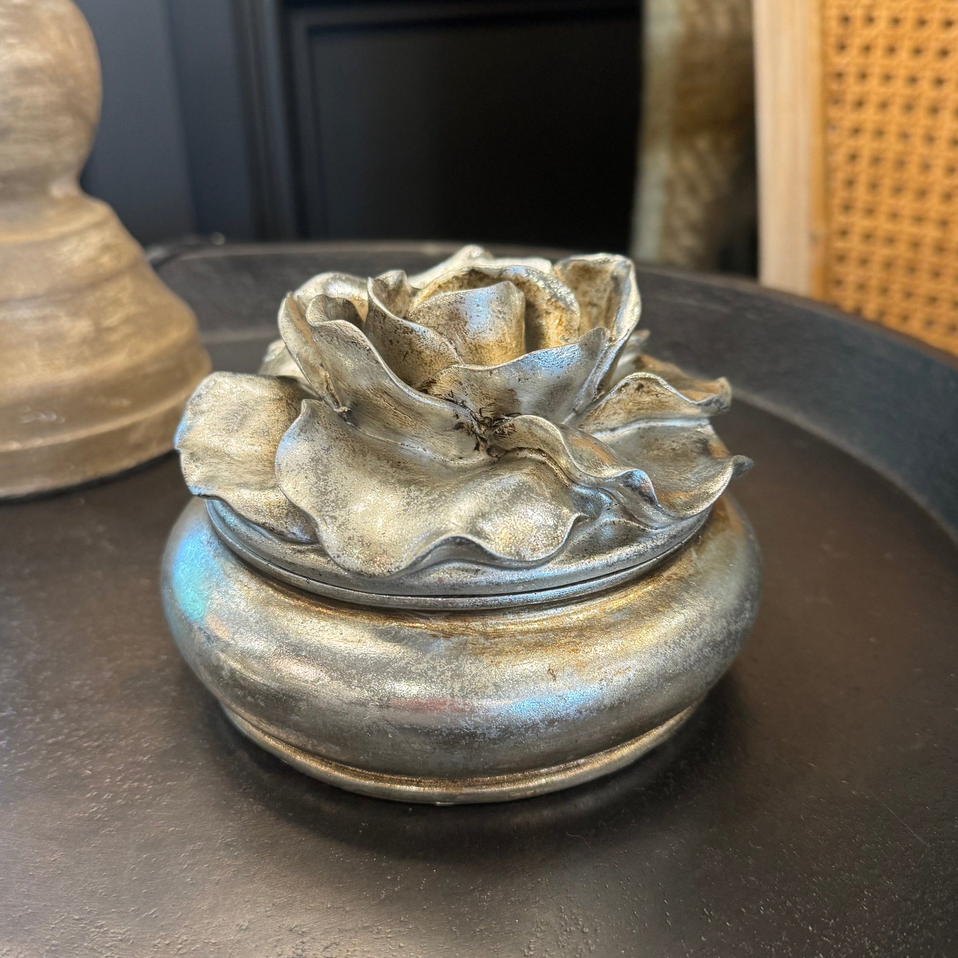 Enhance your home decor with the stunning Camelia Pewter Finish Trinket Box! This exquisite piece makes a perfect gift for storing jewellery or adding a touch of elegance to your bedside table.