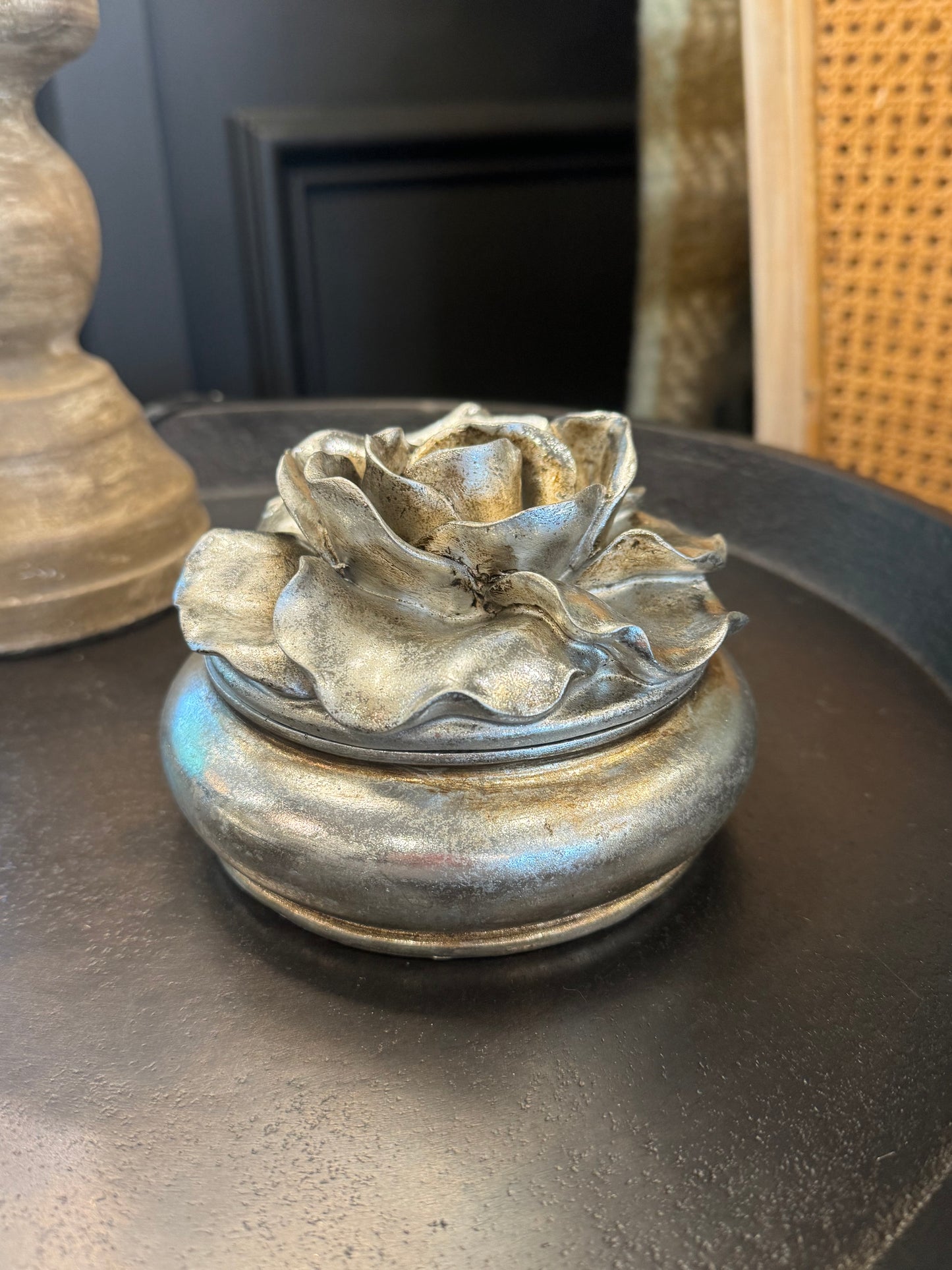 Enhance your home decor with the stunning Camelia Pewter Finish Trinket Box! This exquisite piece makes a perfect gift for storing jewellery or adding a touch of elegance to your bedside table.