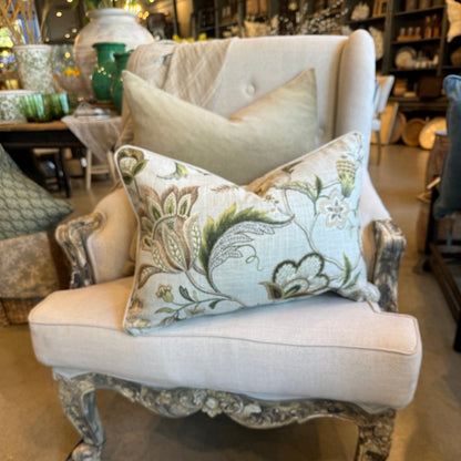 Exquisitely crafted from a sumptuous P Kaufmann heavyweight fabric – one of the world's leading fabric houses – this beautiful P Kaufmann Brissac Pastel Floral Lumbar Cushion is adorned with an exquisite pattern and delicate hues against a pale green backdrop, creating a timelessly graceful and elegant addition to any elegant home decor. Luxurious feather insert included.