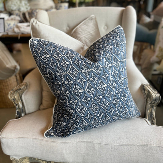 Maeva Patterned Blue & Natural Linen Cushion