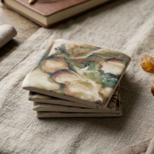 Stack of coasters with nature design on a textured tablecloth with books and a cup.