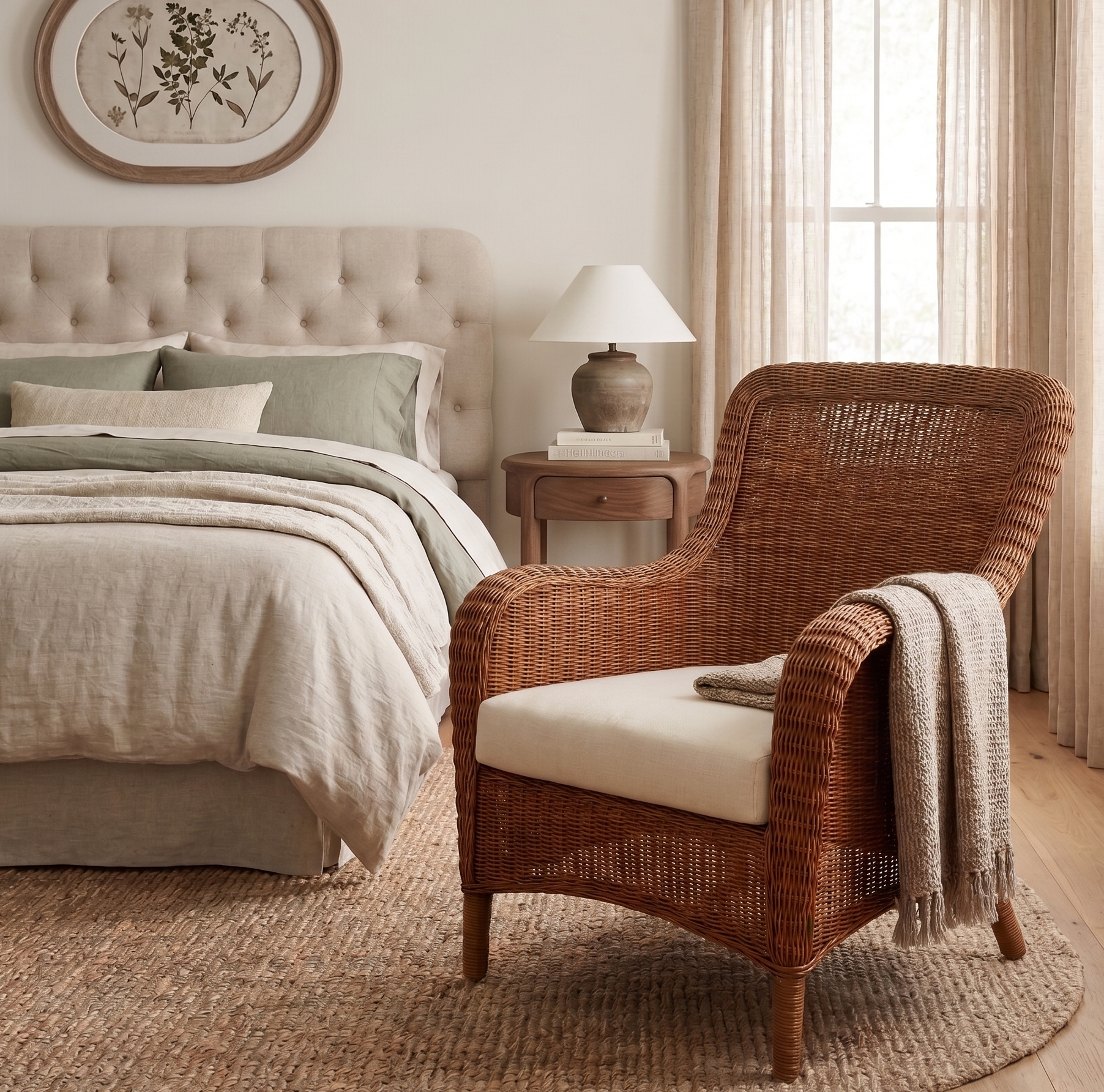 Cozy bedroom with a wicker chair, bed, and lamp.