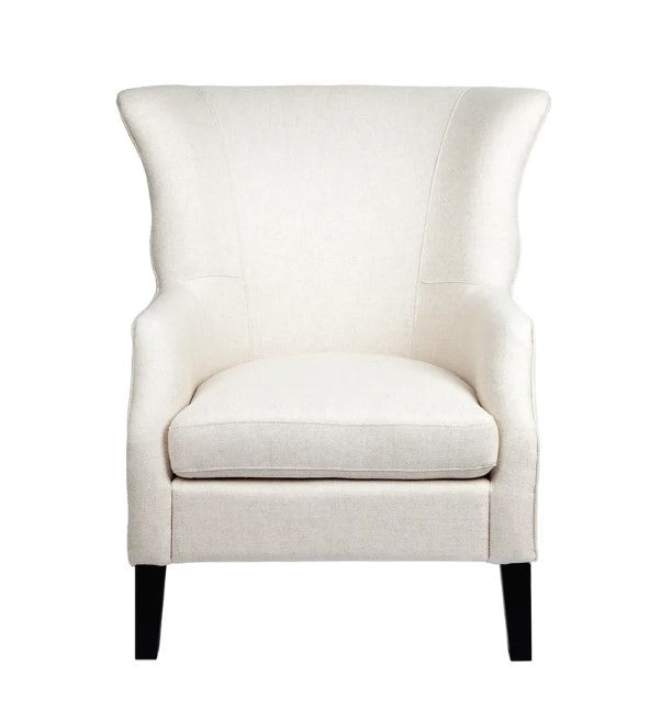 Experience luxury relaxation with the timeless Isabella Wing Back Arm Chair. Upholstered with an elegant natural linen blend and featuring a high back with wing arms, this chair is an indulgent invitation for cozy comfort. Silver detailing, black timber legs, and a plush padded seat ensure a stylish, supportive seating solution for living or bedroom spaces. Front