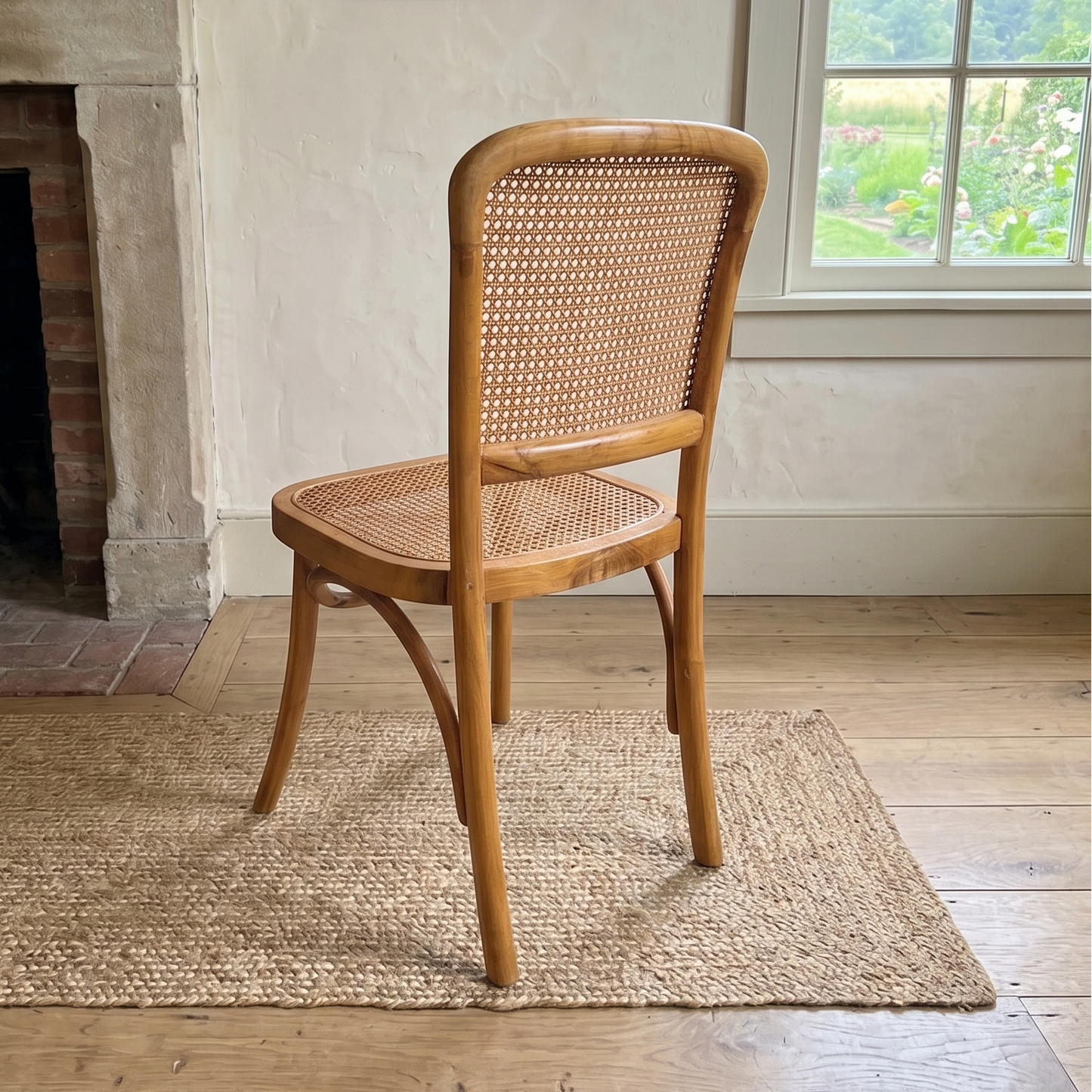 Wooden chair with wicker backrest in a room with a fireplace and window.