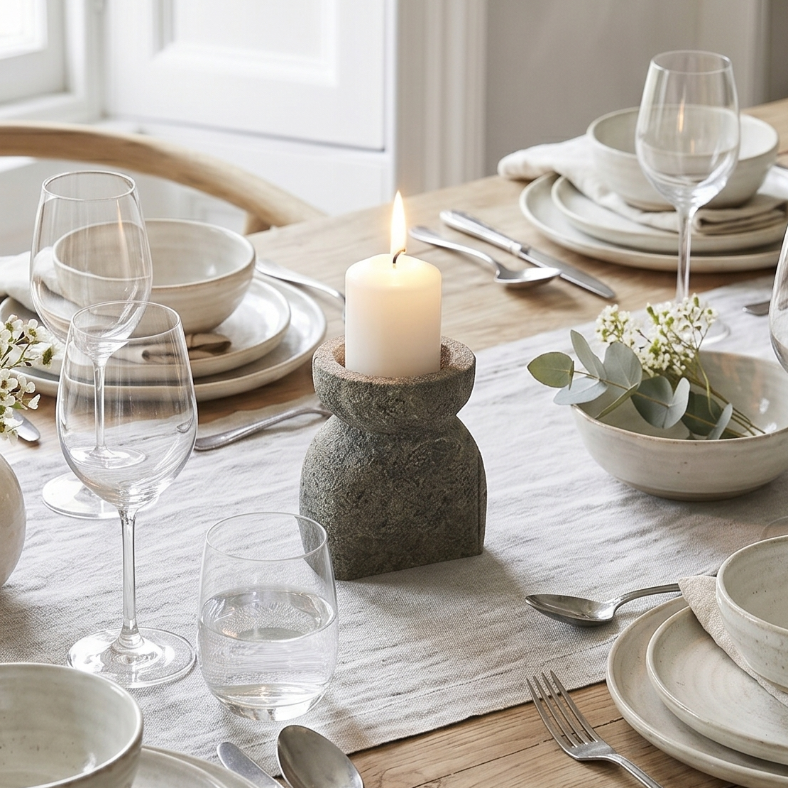 Dining table set with ceramic plates, glasses, and a candle holder.