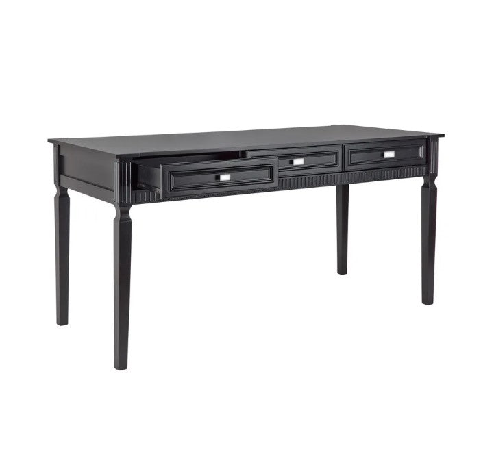 Boost your office or studio's style and utility with the modern classic Lucca Desk. Featuring elegant, clean lines and timeless black satin finish, it also boasts three easy-glide drawers to bring function and form to your space. Upgrade your work area with the ultimate in sophistication and practicality. Front