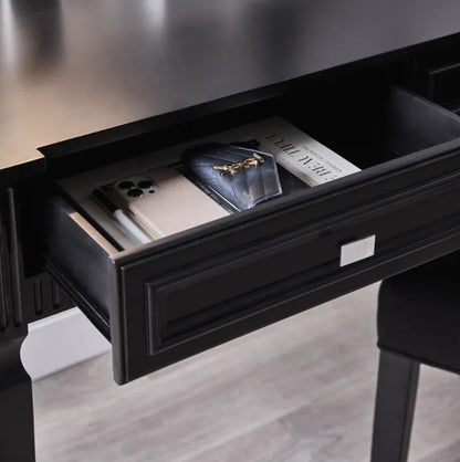 Boost your office or studio's style and utility with the modern classic Lucca Desk. Featuring elegant, clean lines and timeless black satin finish, it also boasts three easy-glide drawers to bring function and form to your space. Upgrade your work area with the ultimate in sophistication and practicality. Detail