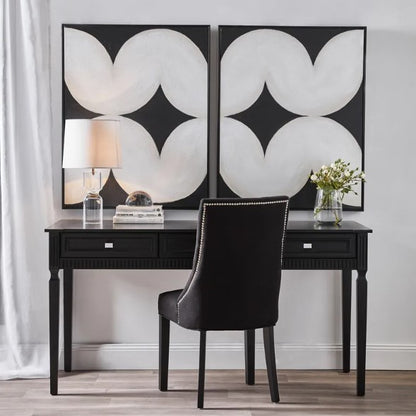 Boost your office or studio's style and utility with the modern classic Lucca Desk. Featuring elegant, clean lines and timeless black satin finish, it also boasts three easy-glide drawers to bring function and form to your space. Upgrade your work area with the ultimate in sophistication and practicality. Front