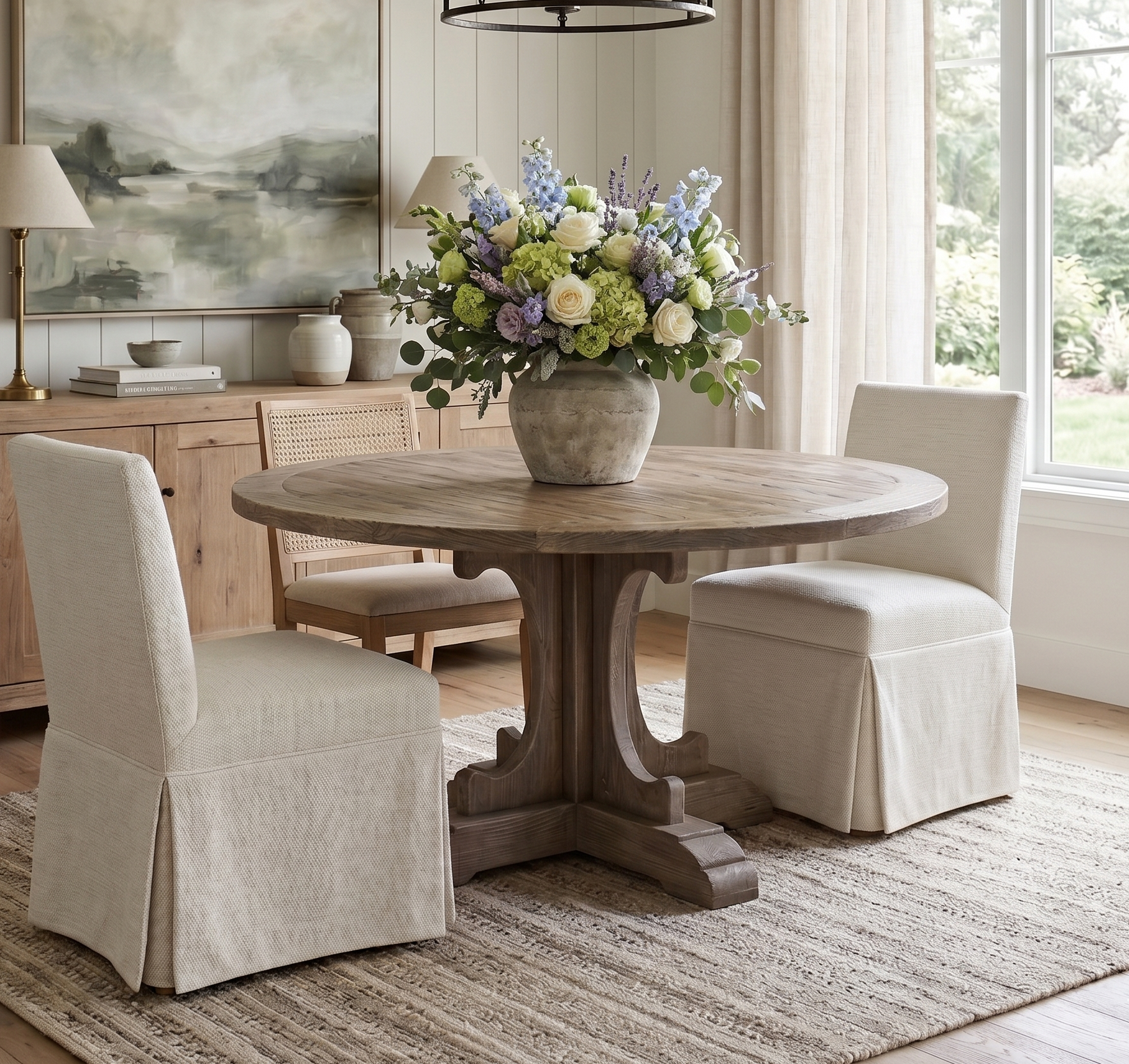 Dining room with a round wooden table, chairs, and a vase of flowers.