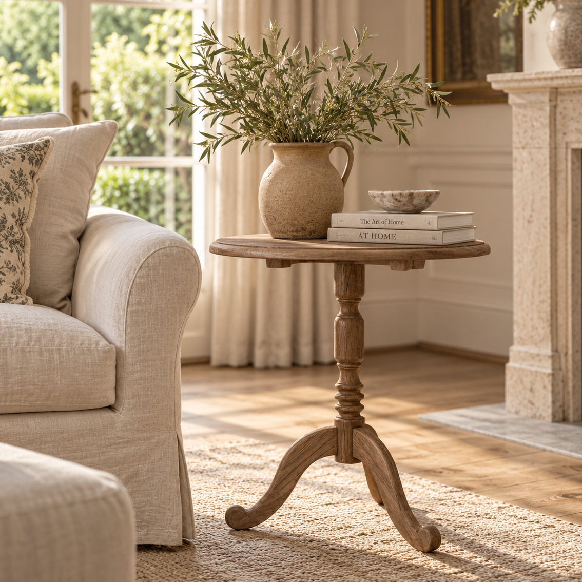 A round wooden side table with a turned pedestal leg and three curved feet, styled in a bright living room with a beige sofa, a ceramic vase of greenery, and books on top.
