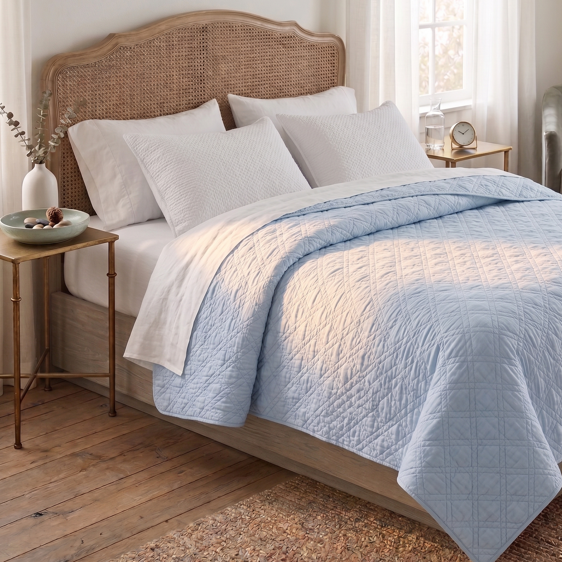 Bed with light blue quilt and white pillows in a bedroom setting.