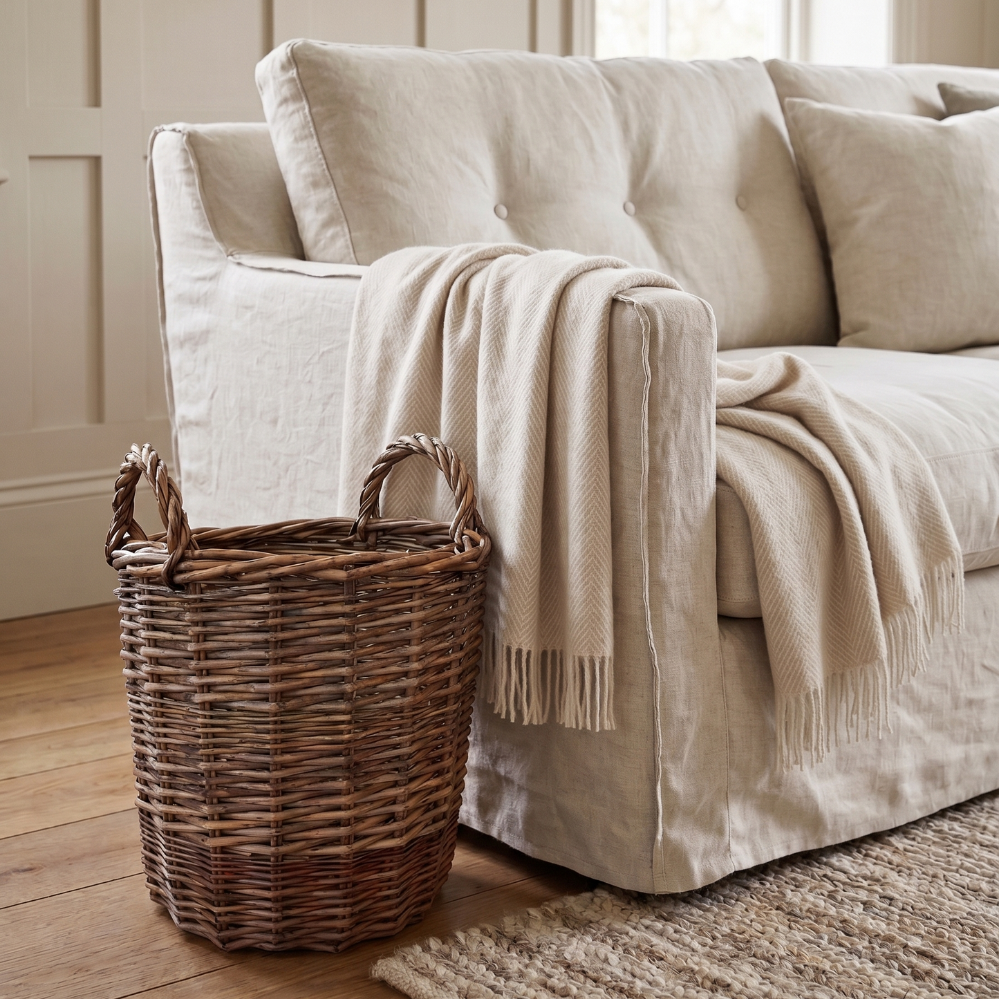 Beige sofa with a woven basket and blanket in a room with wooden flooring and a window.