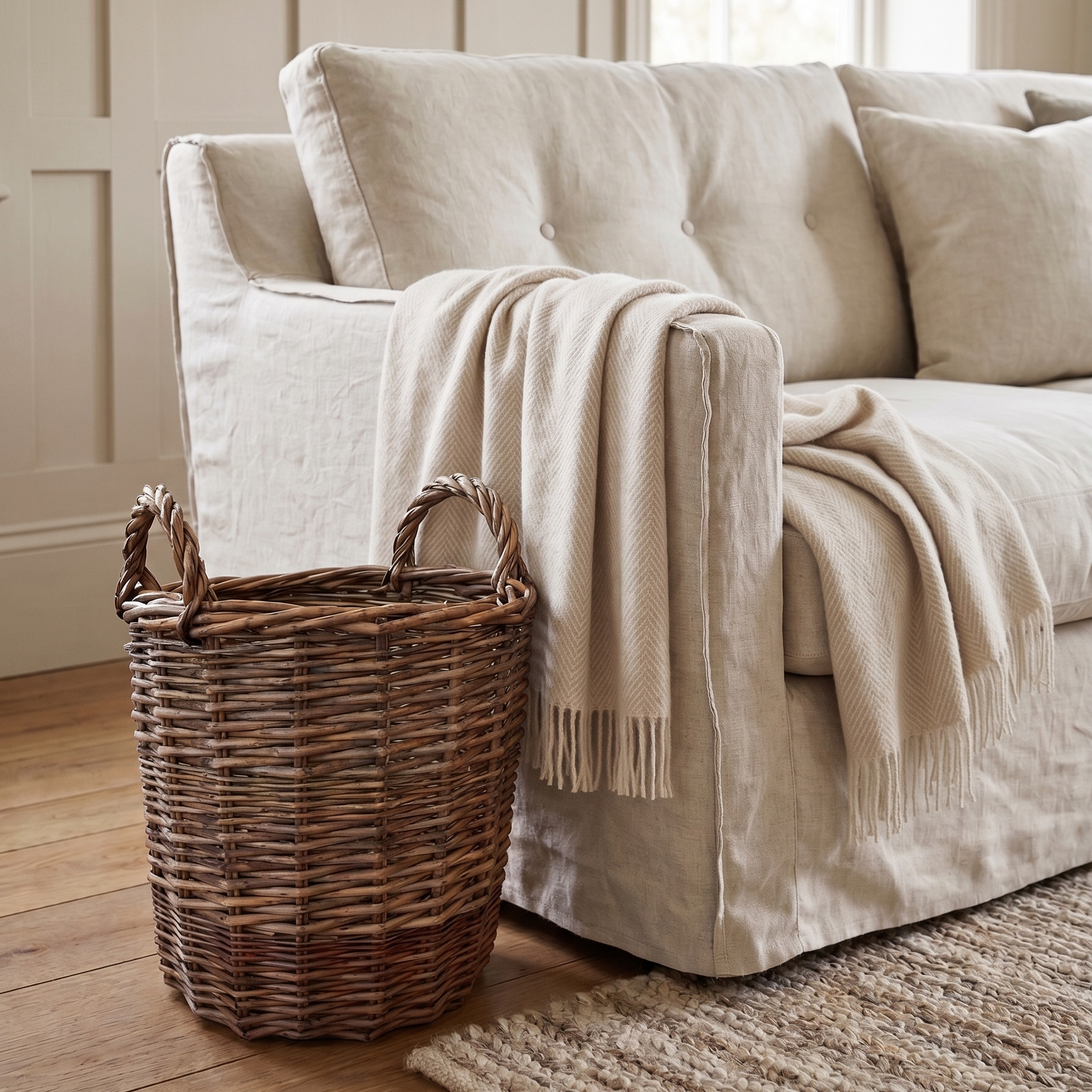 Beige sofa with a woven basket and blanket in a room with wooden flooring and a window.