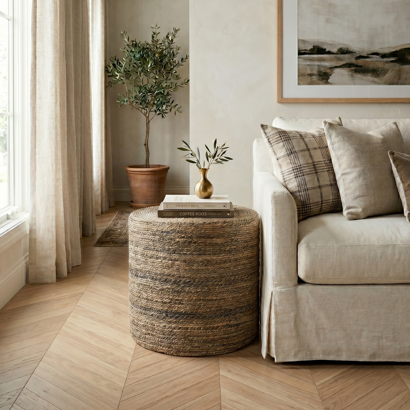 Living room with beige sofa, woven ottoman, and framed artwork.