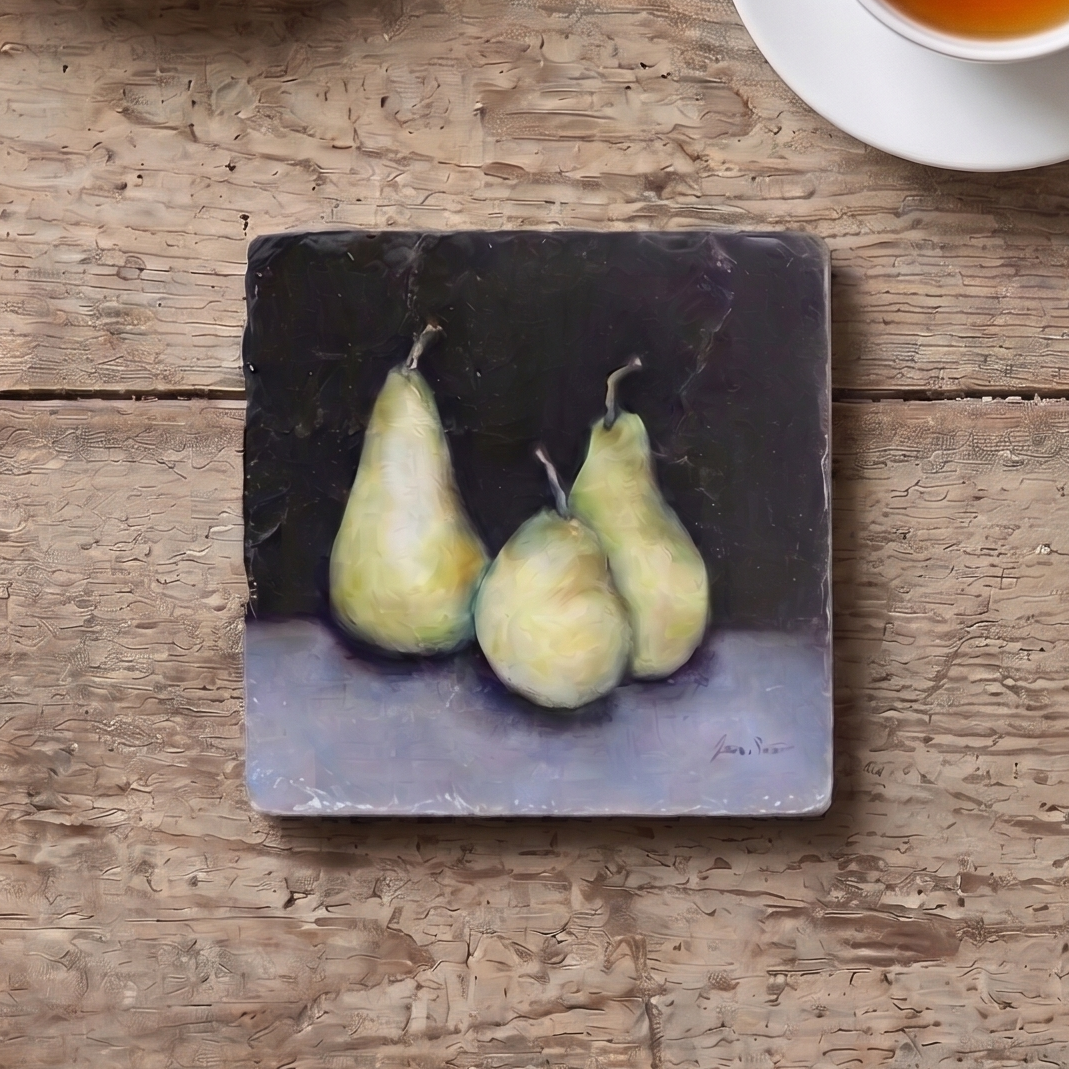 Vintage-style table setting with a coaster featuring green pears.  