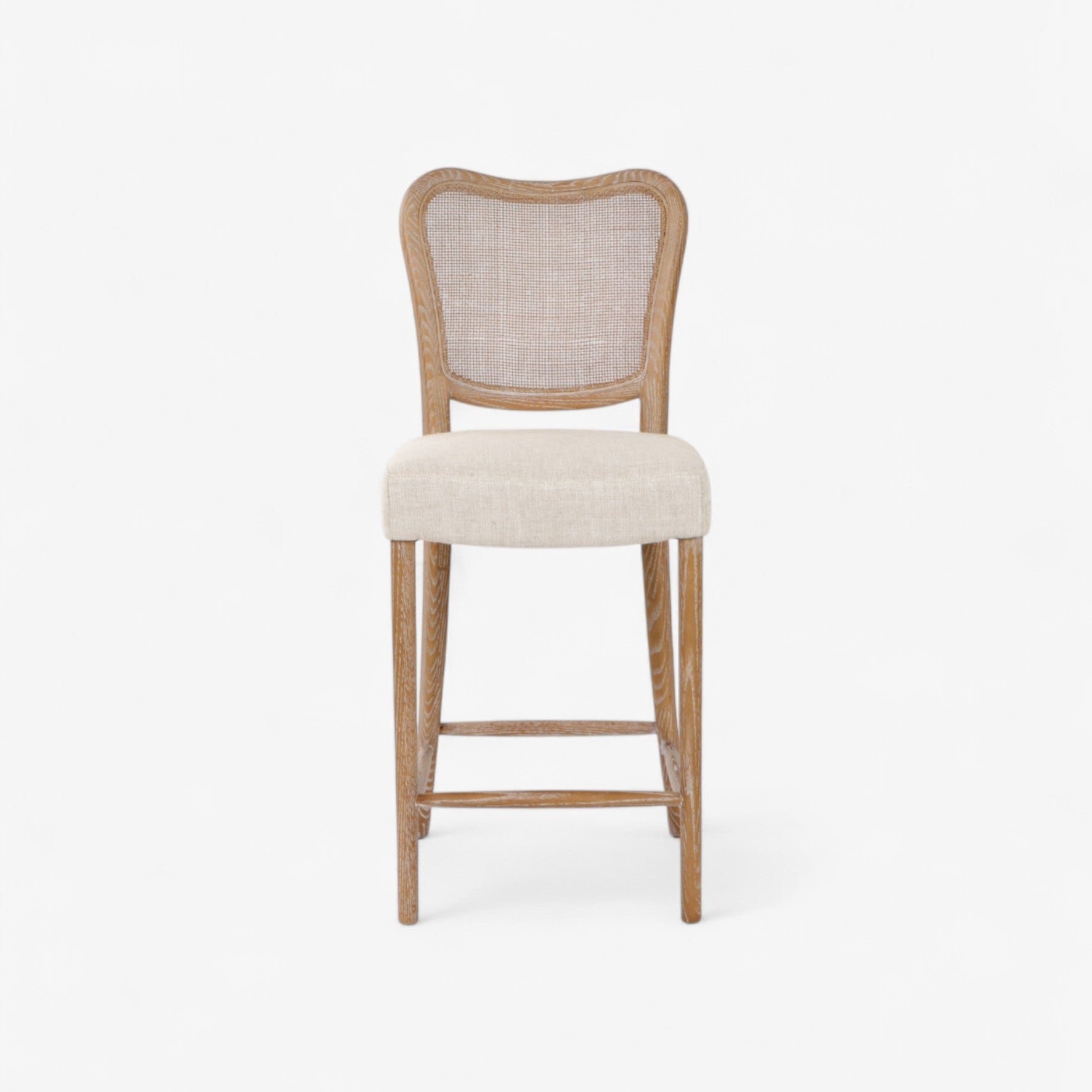 Bar stool with wooden frame and beige cushioned seat on a white background