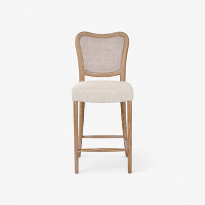 Bar stool with wooden frame and beige cushioned seat on a white background