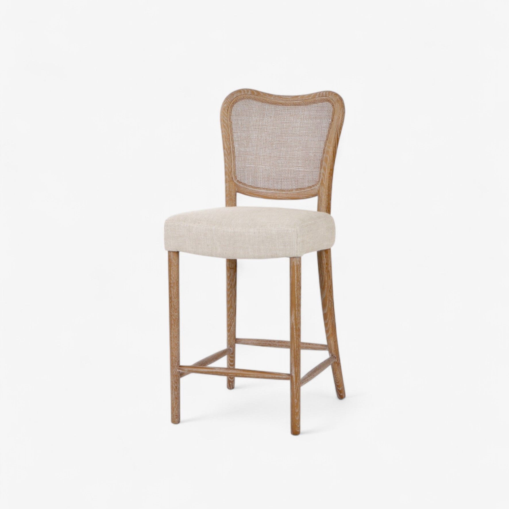 Bar stool with wooden frame and beige cushioned seat on a white background