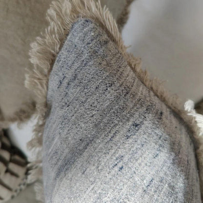 Grey & Blue Linen Fringed Cushion