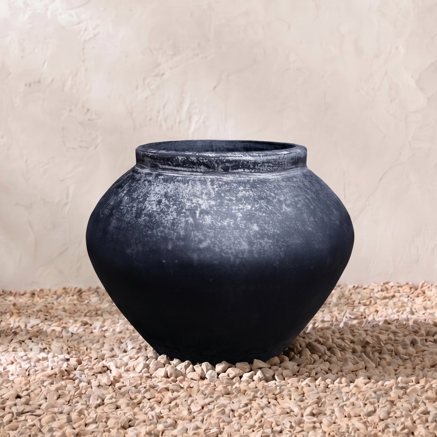 Black ceramic vase on a textured surface with a neutral background