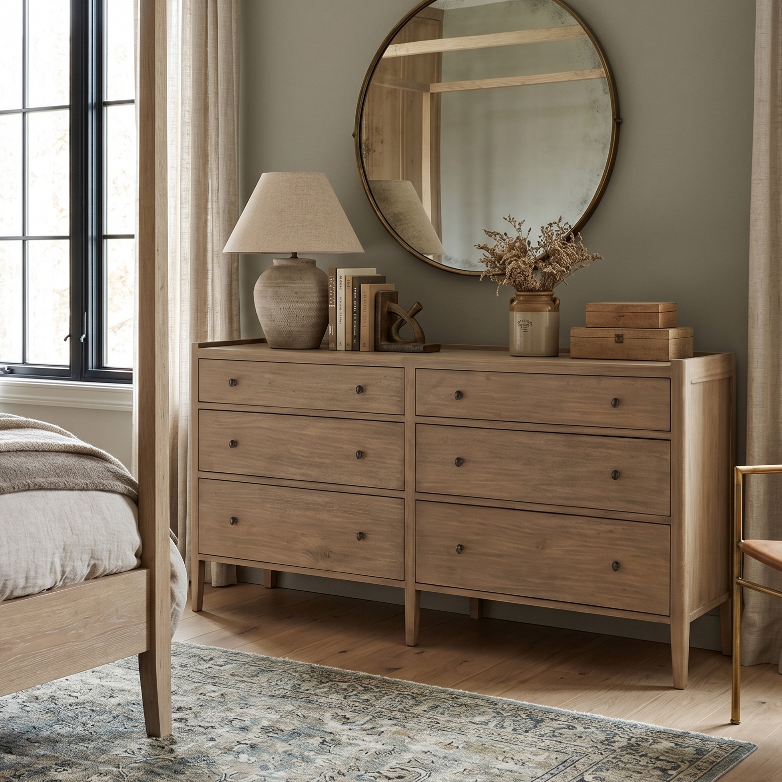 Neatly arranged bedroom with wooden furniture, round mirror, and decor items.