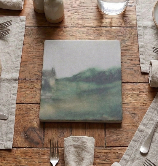 Dining table set with hand painted trivet silverware, and water pitcher on a wooden surface.