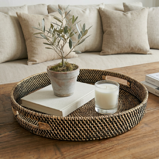 Wicker tray with a plant, book, and candle on a wooden table in a living room.