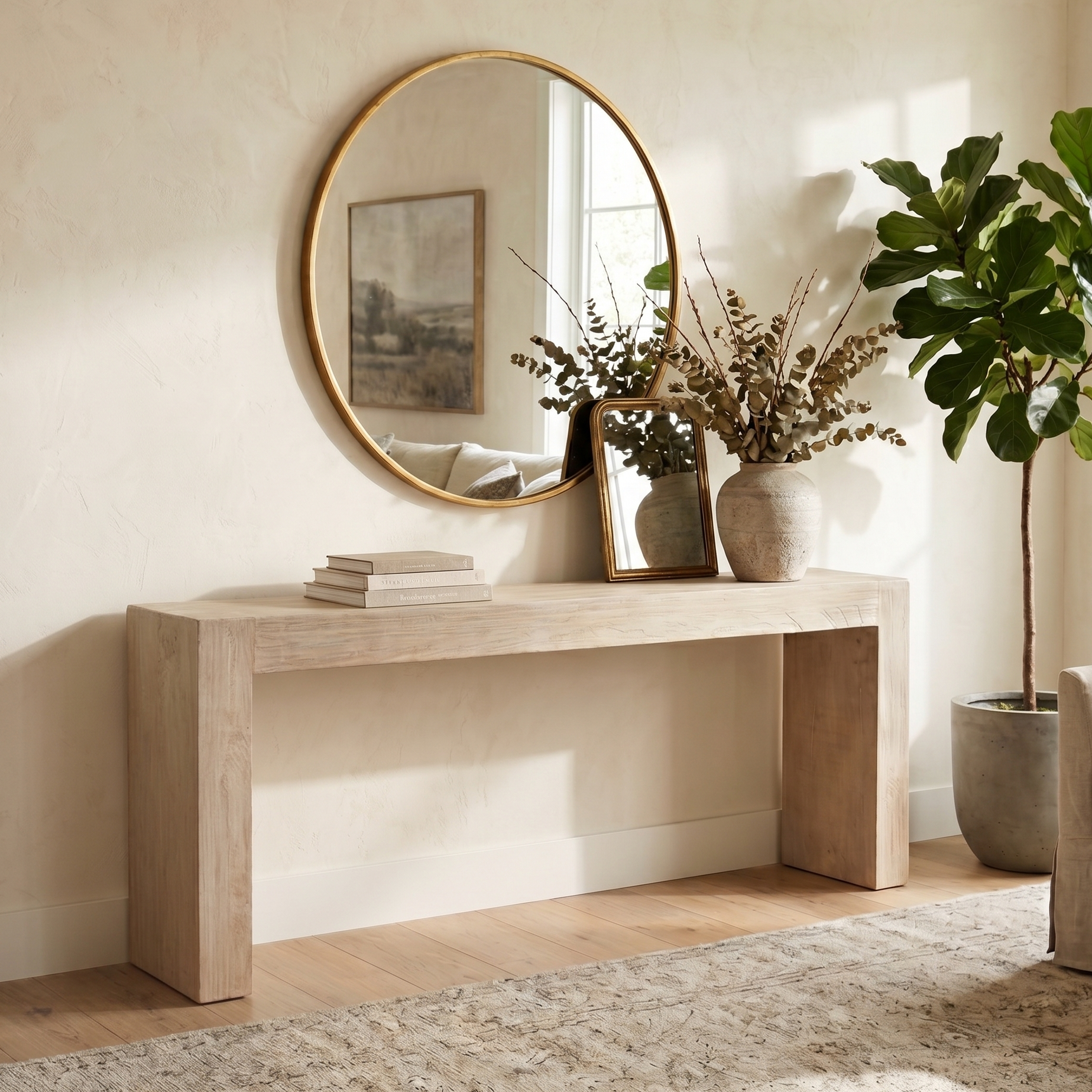 Light wood console table with decorative items in a room with a round mirror and plant.