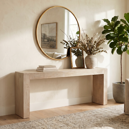 Light wood console table with decorative items in a room with a round mirror and plant.