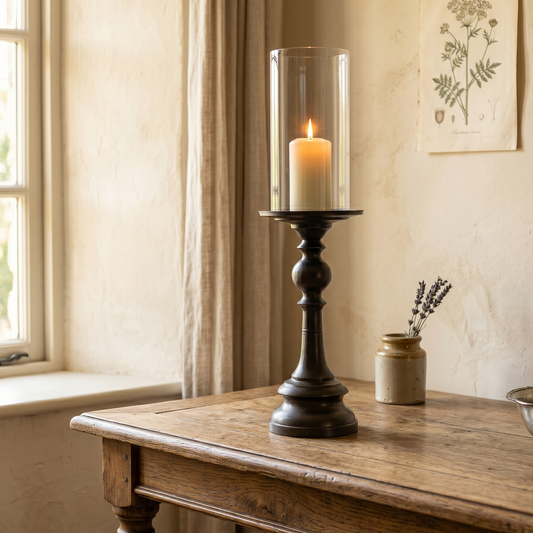 Candle in a glass holder on a wooden table with a window and framed pictures in the background
