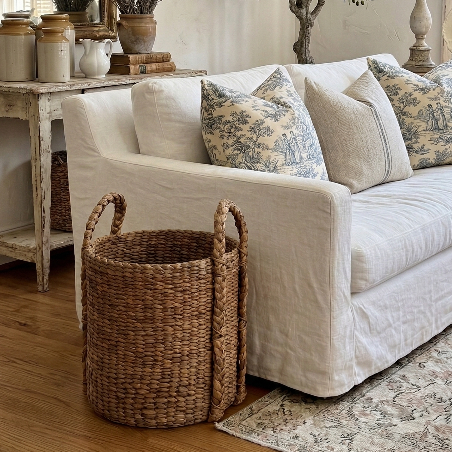 Living room with a white sofa, decorative pillows, a water hyacinth basket, and a tree.