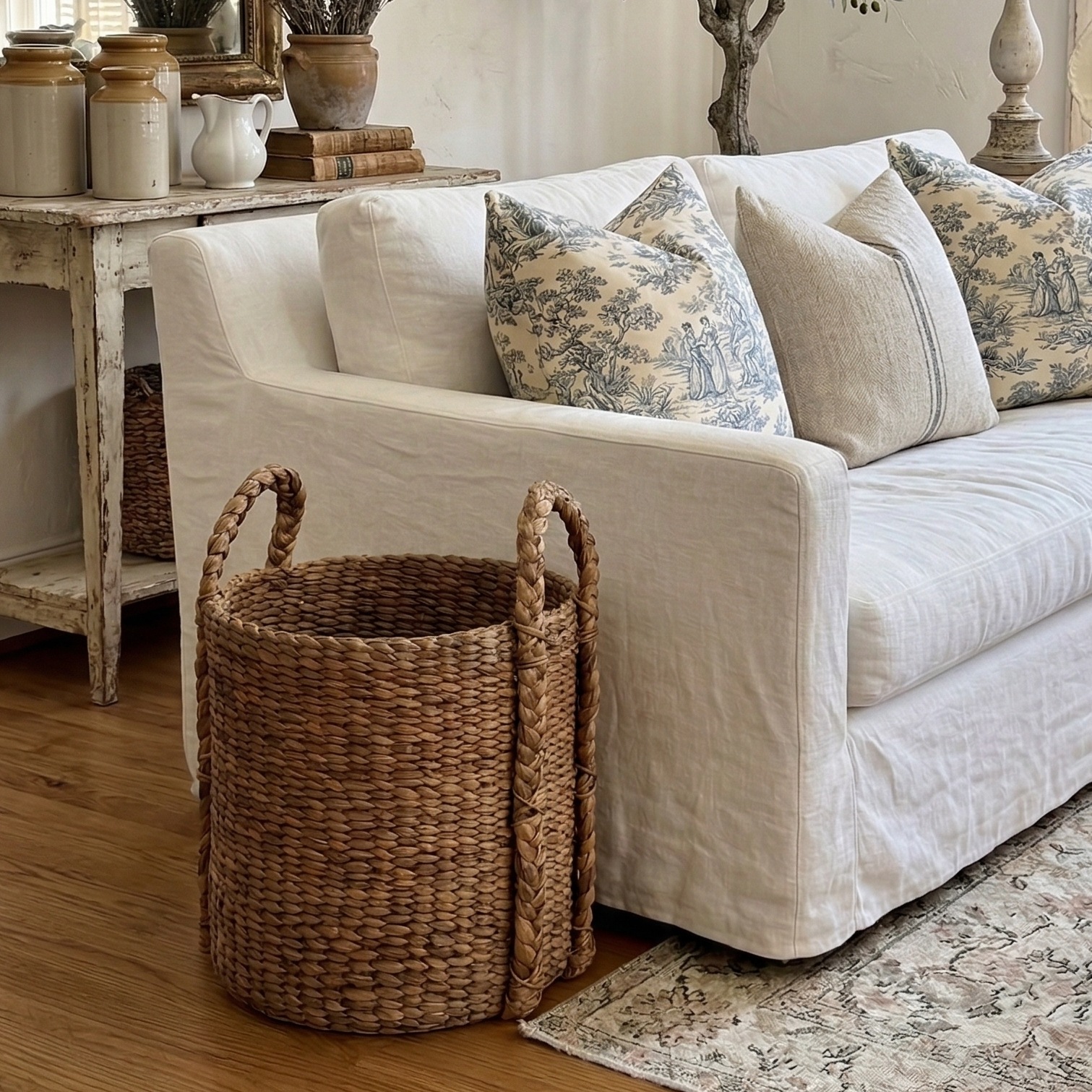 Living room with a white sofa, decorative pillows, a water hyacinth basket, and a tree.