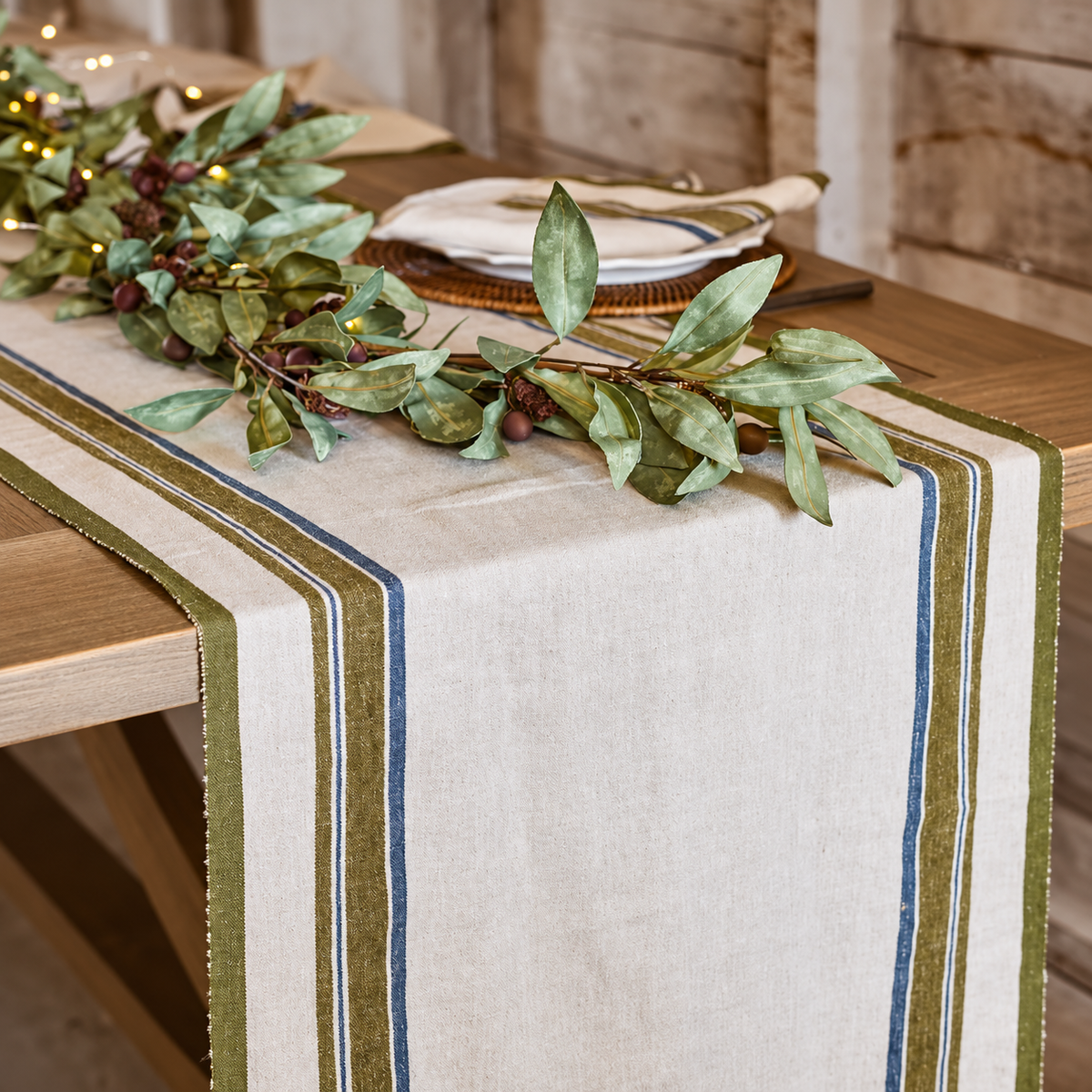 Avignon Green Selvedge Stripe Linen Table Runner