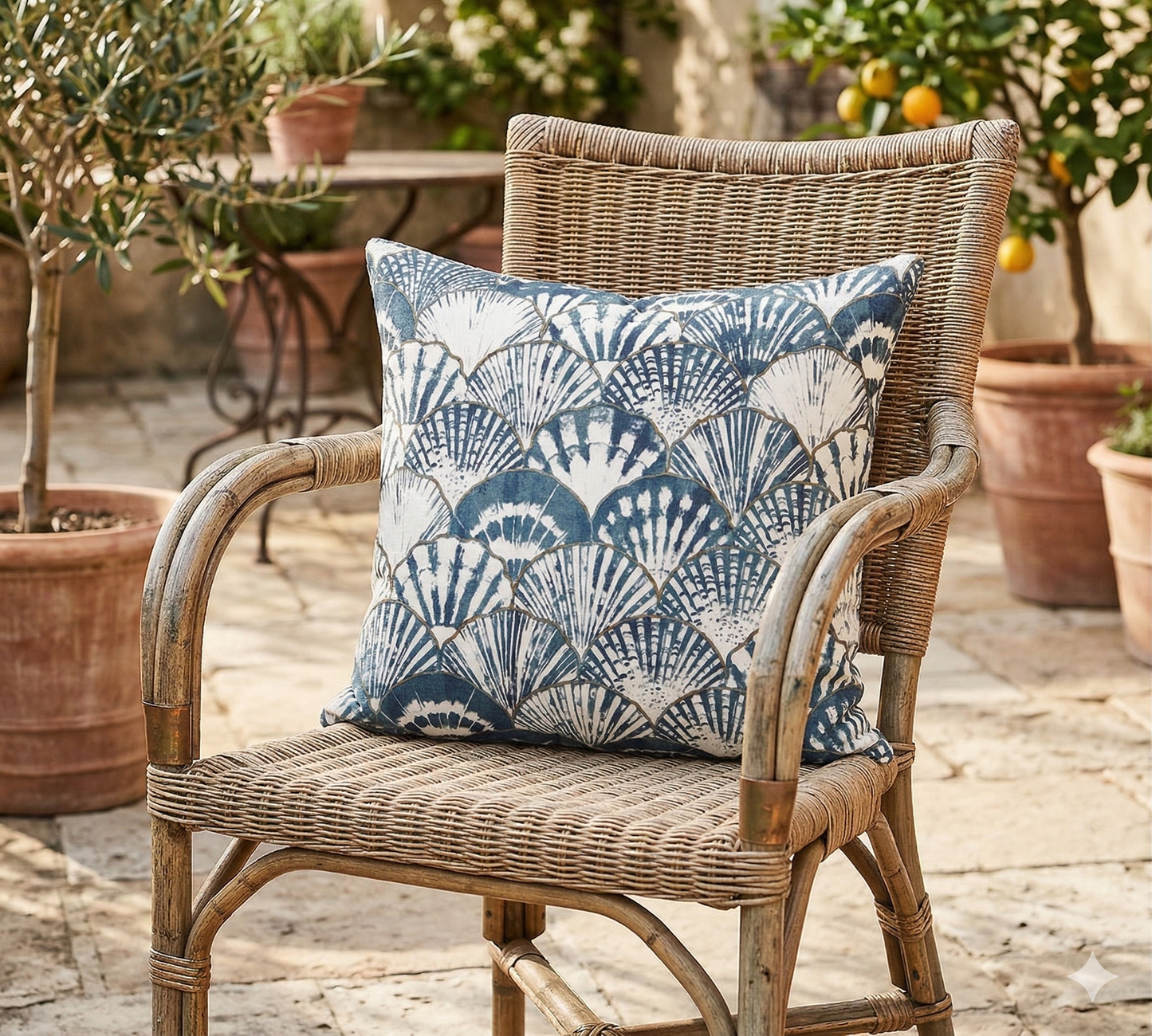Wicker chair with a decorative blue pillow on a patio with potted plants.