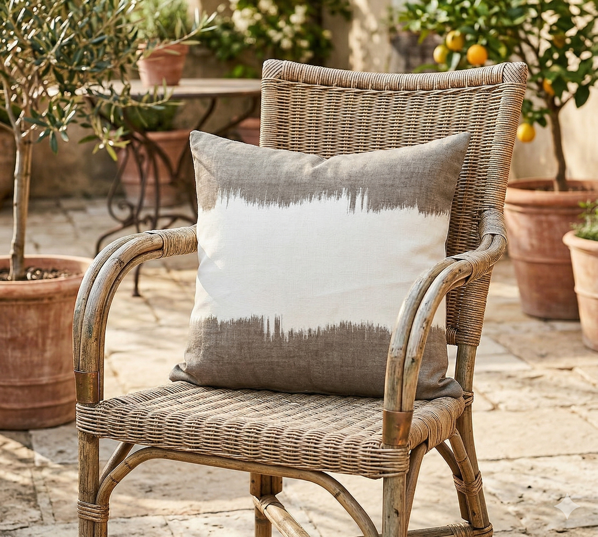 Wicker chair with a decorative pillow on a patio with potted plants