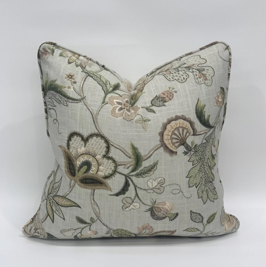 Exquisitely crafted from a sumptuous P Kaufmann heavyweight fabric – one of the world's leading fabric houses – this beautiful P Kaufmann Brissac Pastel Floral Cushion is adorned with an exquisite pattern and delicate hues against a pale green backdrop, creating a timelessly graceful and elegant addition to any elegant home decor. Luxurious feather insert included.