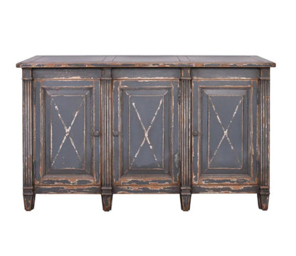 Meticulously crafted from reclaimed timber and adorned with a distressed blue paint finish, this one-of-a-kind sideboard adds versatility to any space. Whether in a dining room, bedroom, or elegant hallway, its three doors offer ample storage. Front