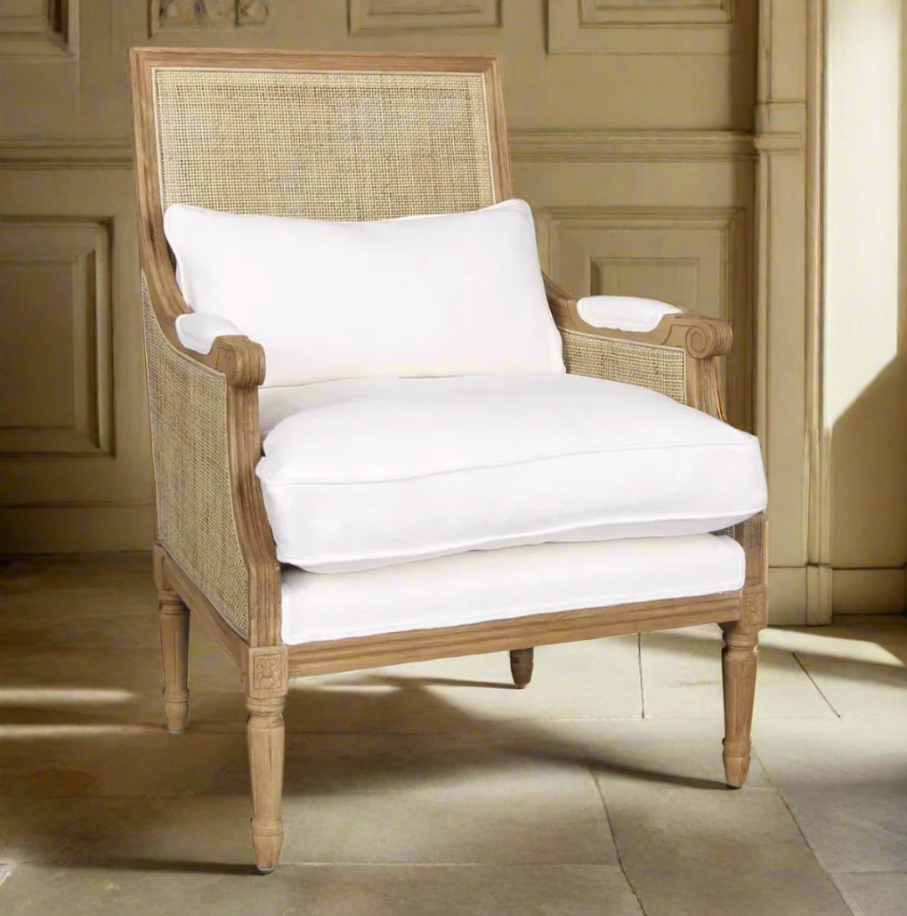 Cecile Oak & Rattan Armchair With White Linen - Special Order