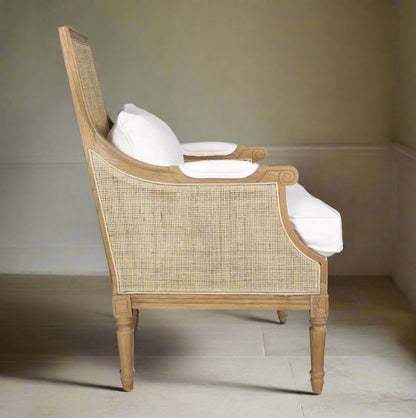 Cecile Oak & Rattan Armchair With White Linen - Special Order