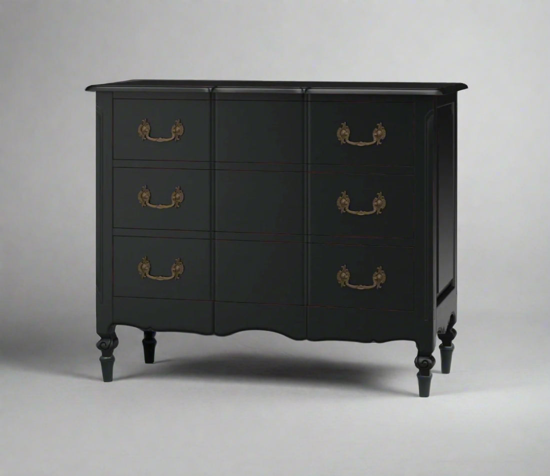 Discover the everlasting sophistication and functionality of the Provence 3-Drawer Dresser. Crafted from durable mahogany and adorned with dove tail drawers and solid brass hardware, this classic dresser from esteemed furniture brand Bramble provides ample storage and elegant allure to your bedroom. With its masterful design and distressed black hand painted finish, it combines craftsmanship and charisma in one exquisite piece.