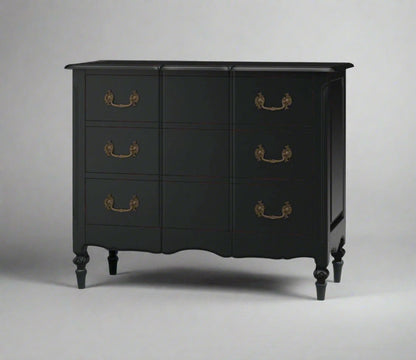 Discover the everlasting sophistication and functionality of the Provence 3-Drawer Dresser. Crafted from durable mahogany and adorned with dove tail drawers and solid brass hardware, this classic dresser from esteemed furniture brand Bramble provides ample storage and elegant allure to your bedroom. With its masterful design and distressed black hand painted finish, it combines craftsmanship and charisma in one exquisite piece.