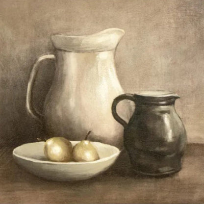 Indulge in the simple yet exquisite beauty captured in this still life painting. The meticulously placed pears and elegant jugs add effortless sophistication to any room. Painted on canvas, this piece elevates your home decor with a touch of refinement.