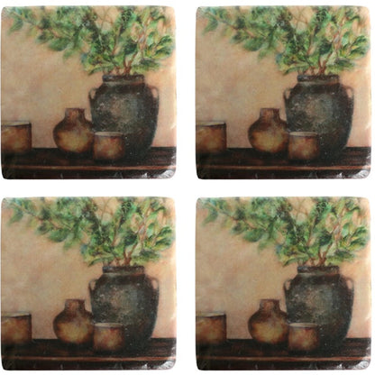 Indulge in the beauty of these Tuscan Coasters - Set Of 4! Images of a Tuscan pots create an inviting statement to any table surface. Crafted from high-quality resin and featuring a cork back, these coasters not only add a touch of elegance but also protect your furniture.