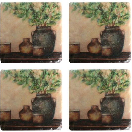 Indulge in the beauty of these Tuscan Coasters - Set Of 4! Images of a Tuscan pots create an inviting statement to any table surface. Crafted from high-quality resin and featuring a cork back, these coasters not only add a touch of elegance but also protect your furniture.