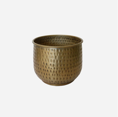 Small planter with a hammered antique brass finish, crafted from lightweight aluminium—perfect for enhancing décor or showcasing favourite plants