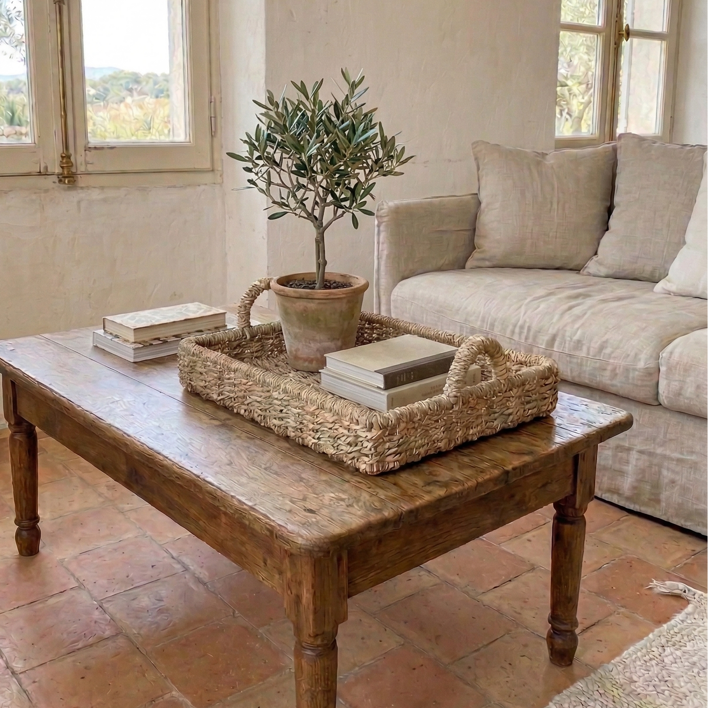 woven seagrass tray on coffee table