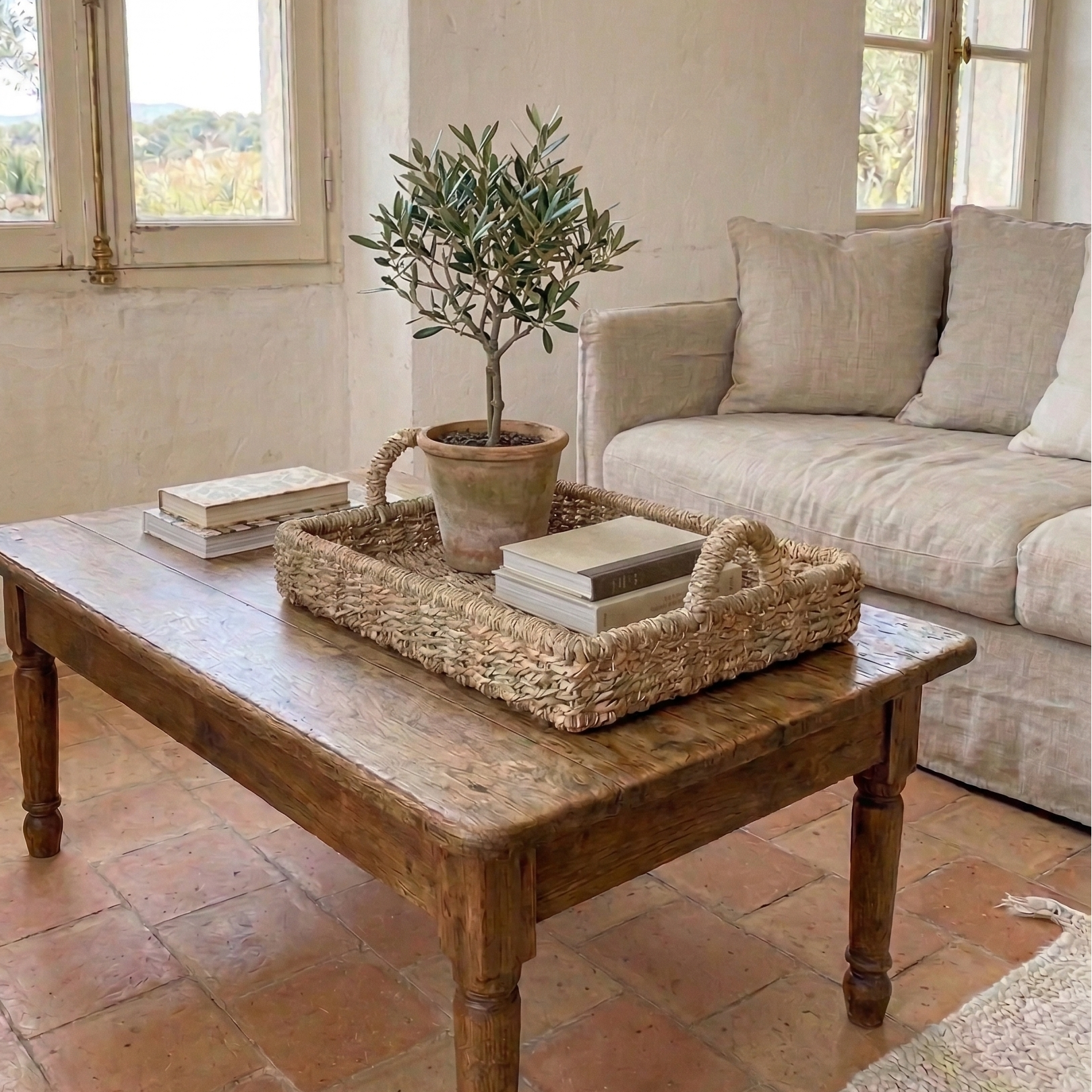 woven seagrass tray on coffee table