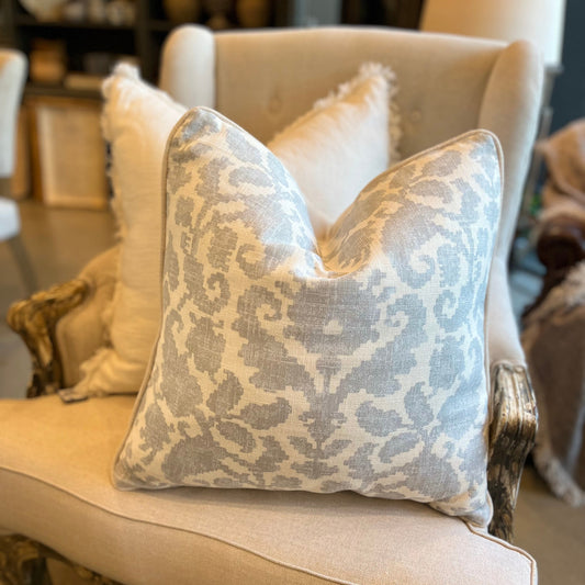 Add a subtle touch of color to any space with this Dove grey printed cushion. The indulgent feather insert makes it a great addition for anyone looking to enhance their living area. Front Double Pic