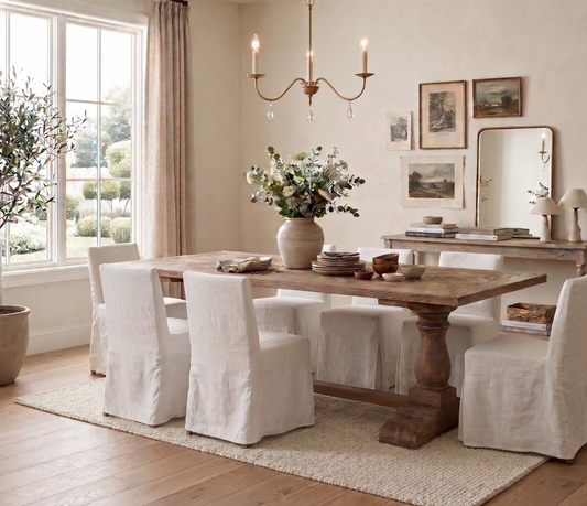 Dining room with wooden table and white chairs, decorated with plants and artwork.